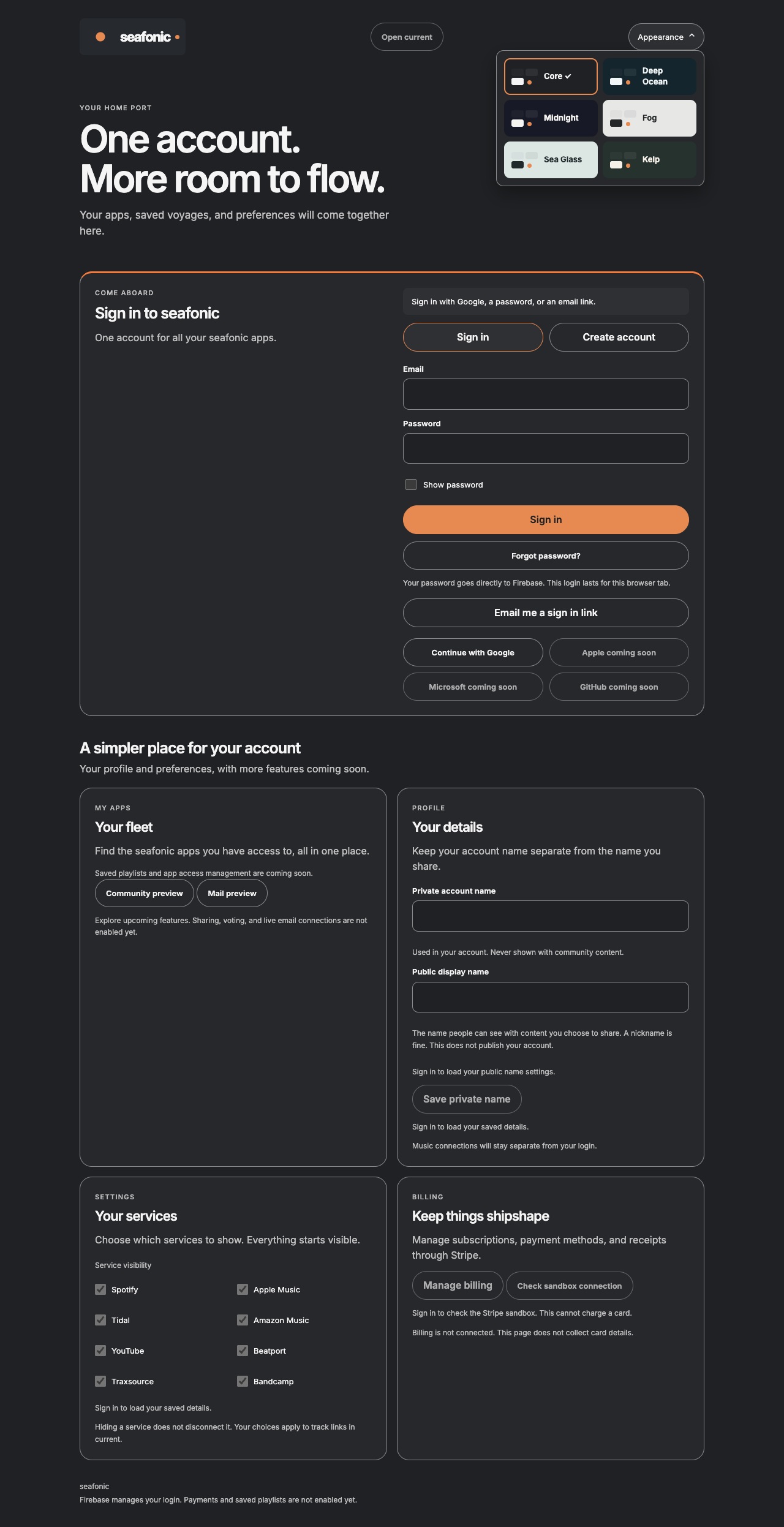 The signed out seafonic account portal.