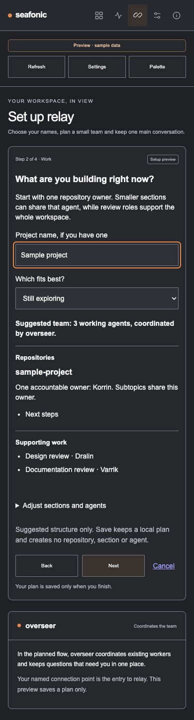 Current local relay Work step with Sample project, proposed owner and review roles, Adjust sections and agents, and Back, Next and Cancel controls.
